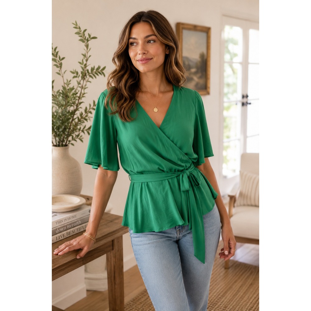 LOFT Kelly Green Wrap Peplum Blouse Medium Flutter Sleeve Tie Waist